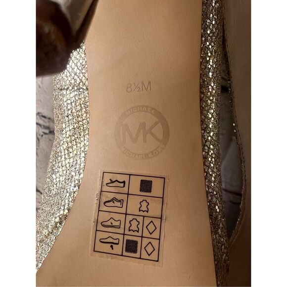 Michael Kors Size 8.5 Gold Sparkle Glitter Platform Peep Toe Pump Heels Bridal - Picture 15 of 16